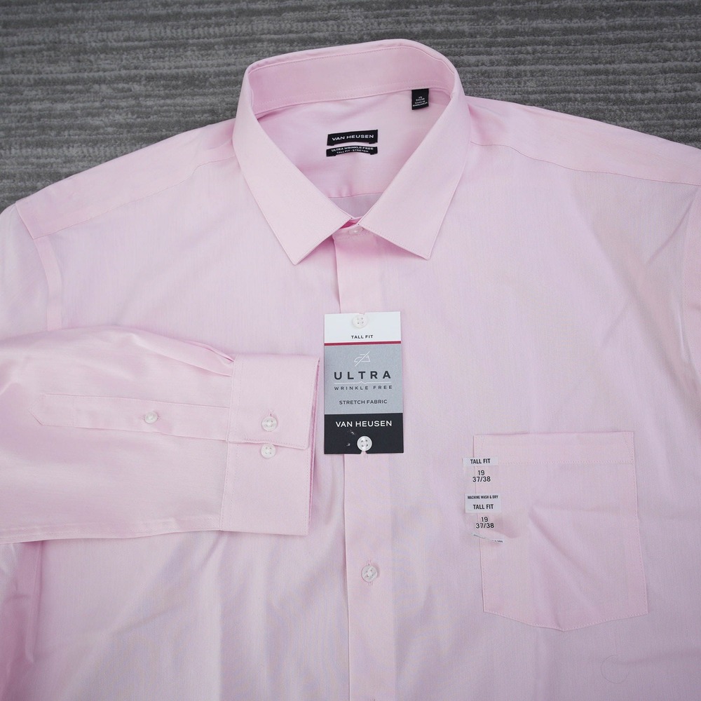 Van Heusen Dress Shirt Men Tall Fit Ultra Wrinkle Free Pink New Tag 19 37/38